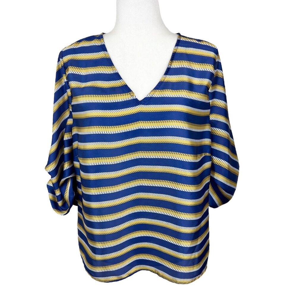 Isla Maude Blouse Women Medium Blue Yellow Striped V-Neck Boxy Casual Top